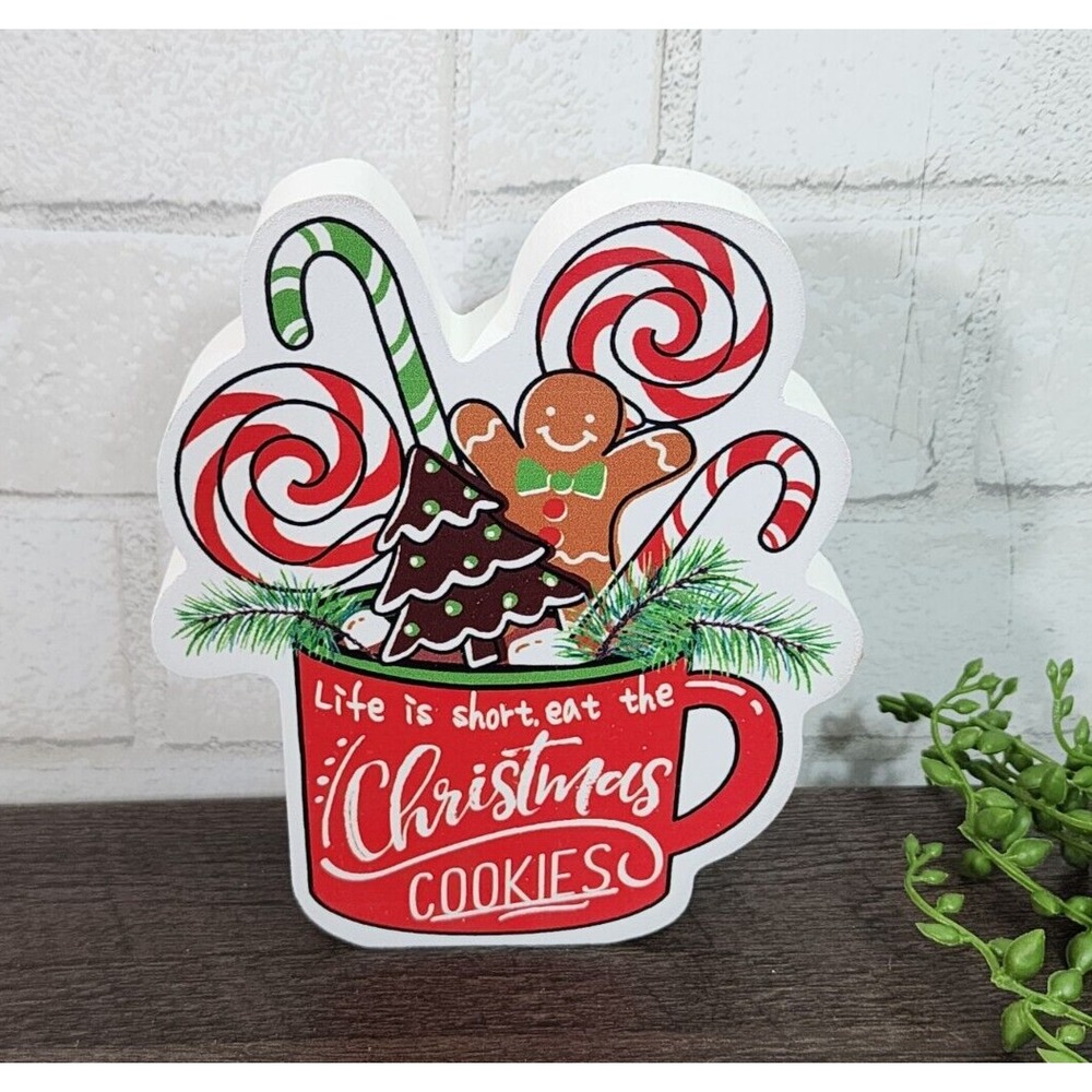 Christmas Cookies Wood Block Sign Red Mug Holiday Decor Gingerbread 6"x 5 1/4"